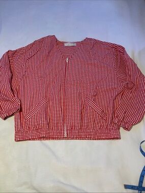 Karen Scott Red and White Cotton Gingham Zip-Front Bomber